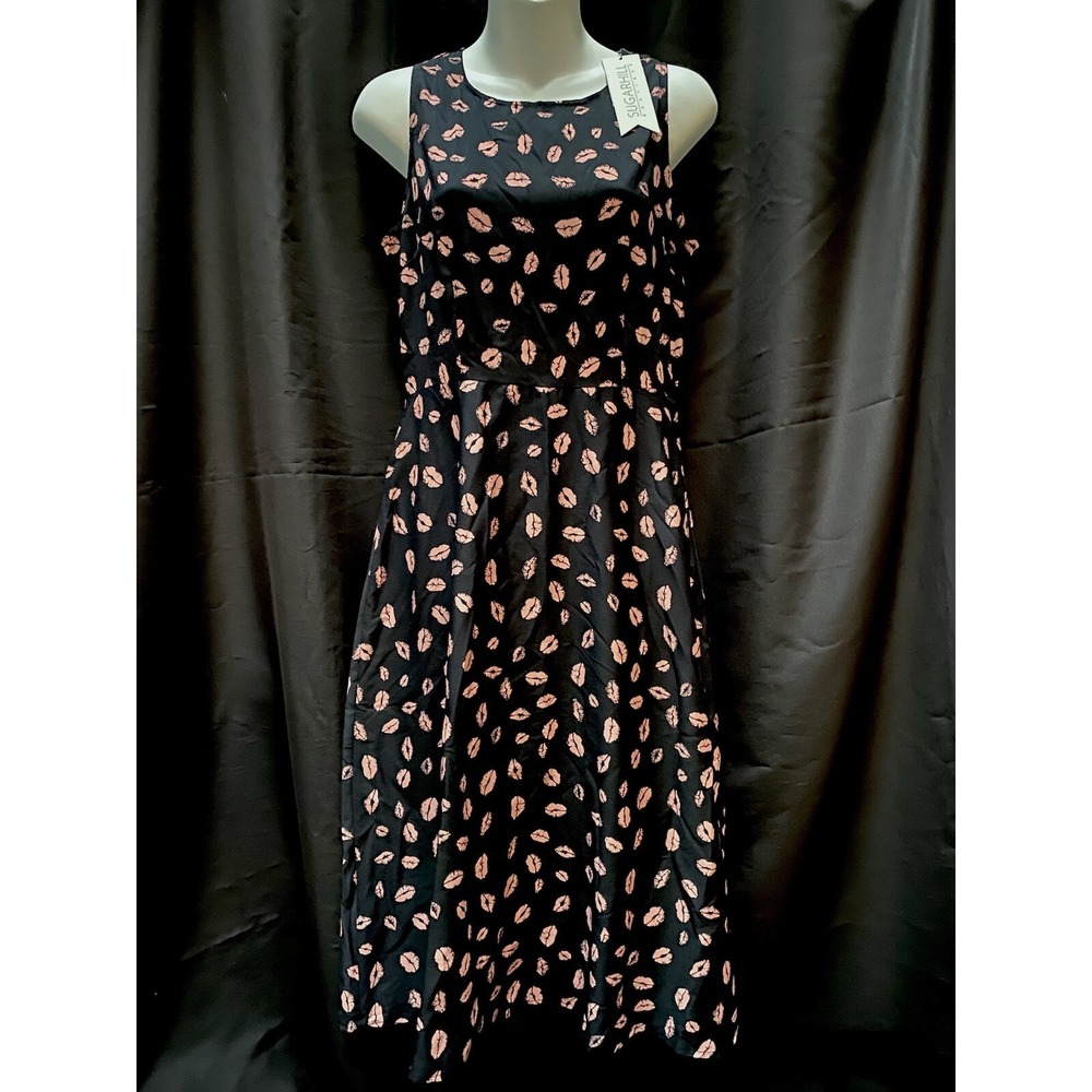 NWT Sugarhill Boutique Size 8 Kisses Dress Retro Black Pink‎ Art To Wear Medium